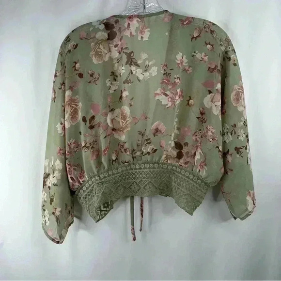 Timing Sheer Olive Green Floral Tie Front Blouse 3/4 Sleeves Lace Accent Size M - Picture 3 of 8